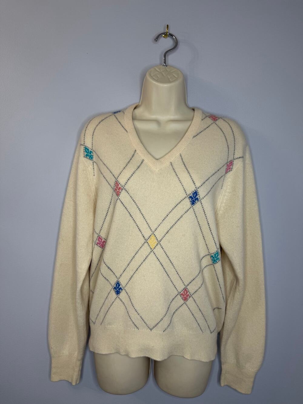 Vintage Pringle Of Scotland Cashmere Intarsia Argyle Pattern Sweater Cream Sz 38